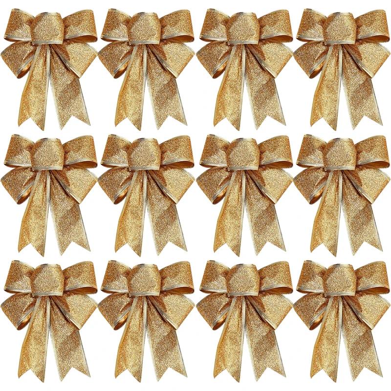 12/1pcs Glitter Bow Gold Red Xmas Tree Ribbon Bowknot Hanging Pendant Ornaments for Christmas New Year Party Home Decor Gifts