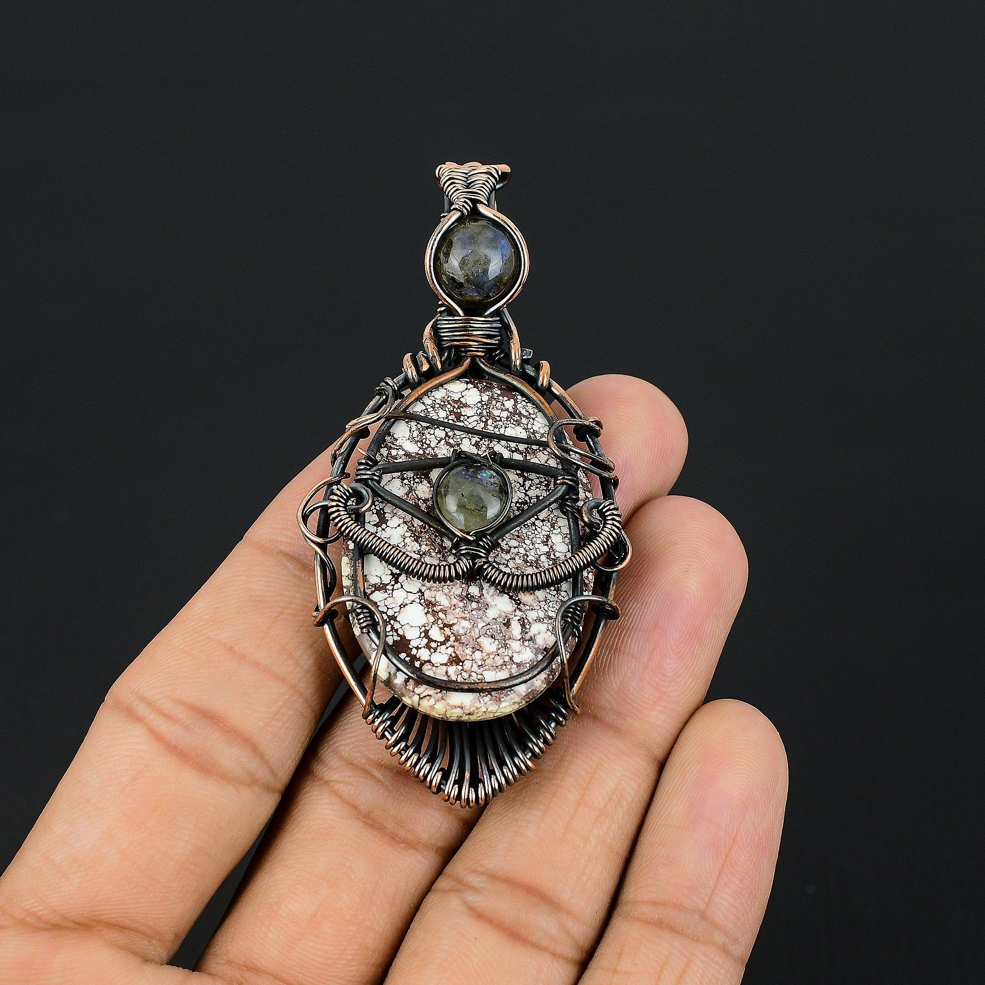 

Wild Horse Jasper & Labradorite Pendant, 999 Copper Wire Wrapped Gemstone Jewelry, Handmade Pendant, For Thanksgiving 2.55 Inches