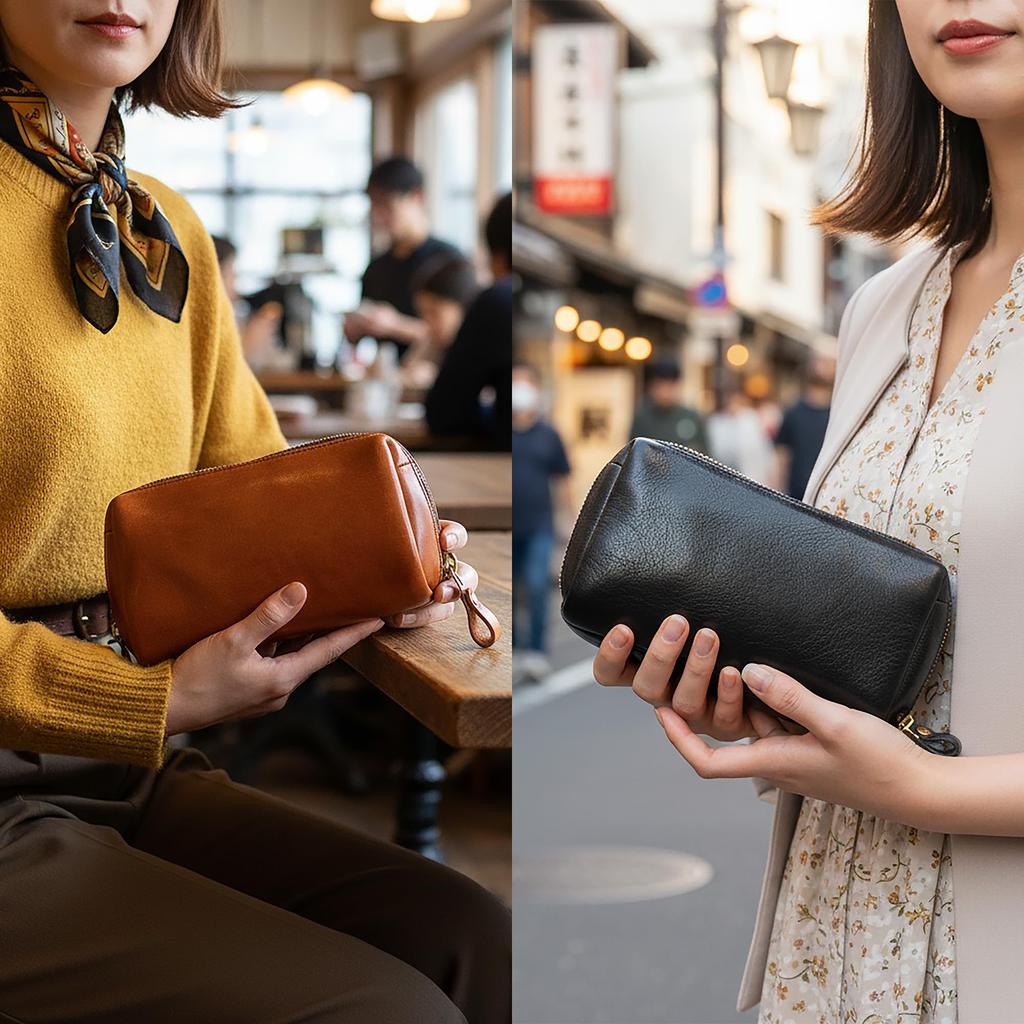 IJUN Vintage Clutch Bag for Women - Handmade Vegetable-Tanned Leather, Smartphone Compatible (Orange)