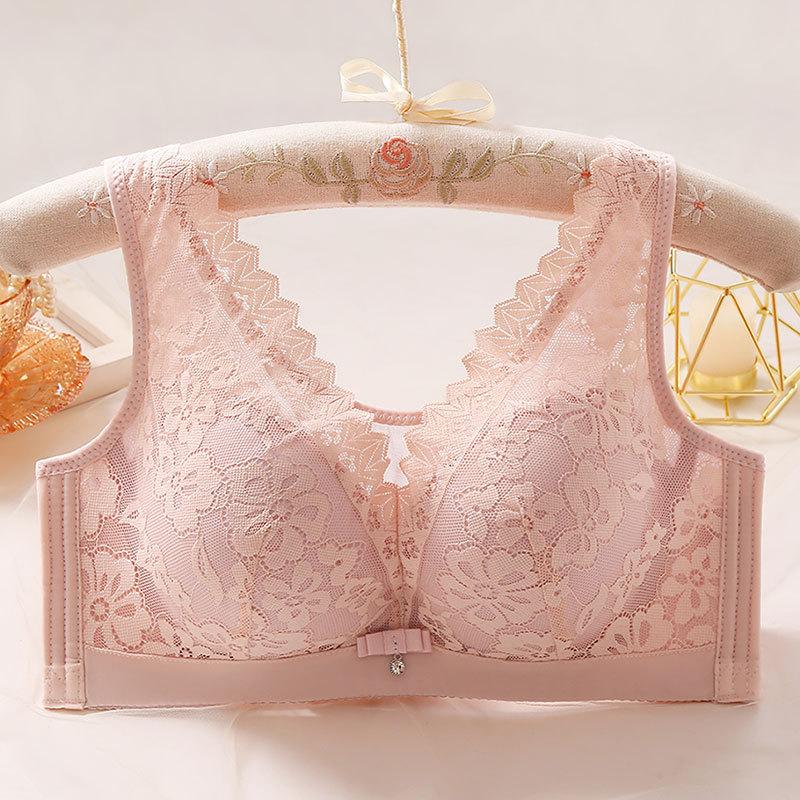 Wireless Lace Push-Up Bra Non-Wired, Large Size, Seamless, Comfortable Side Support, Floral Pattern, Contrast Lace Detail