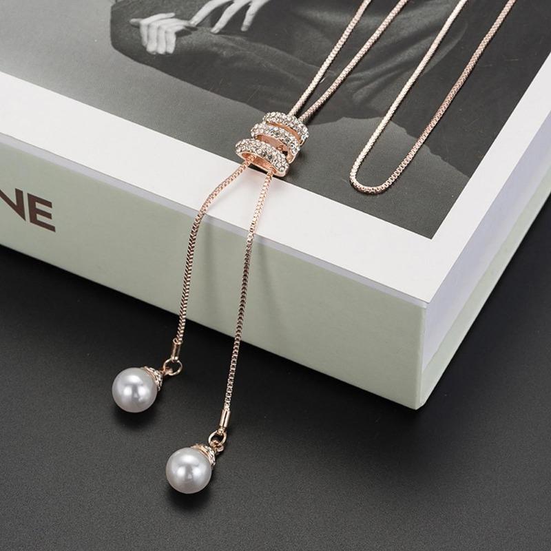 Ladies Fashion Charm Crystal Pearls Pendant Luxury Long Necklace Sweater Chains Blueseason
