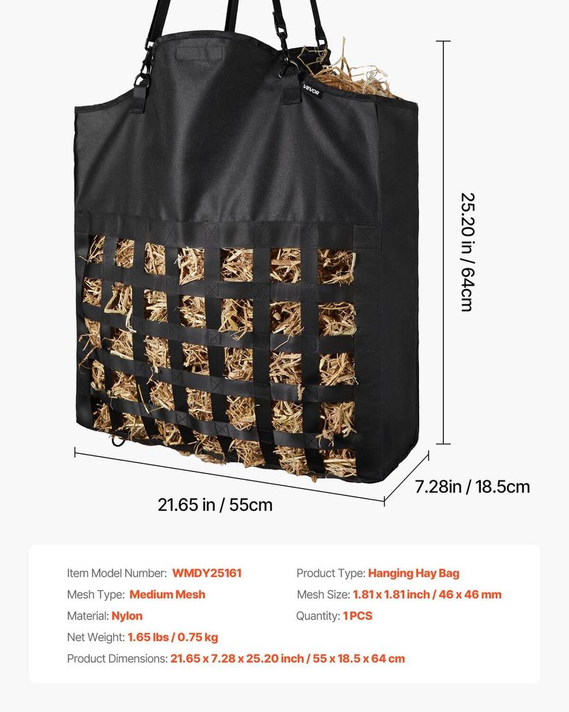 Hay Bag for Horses, 55 X 18.5 X 64 Cm, 46 X 46 Mm Holes, Premium Nylon Construction with PVC Waterproof Coating, Adjustable Hanging Straps and Metal