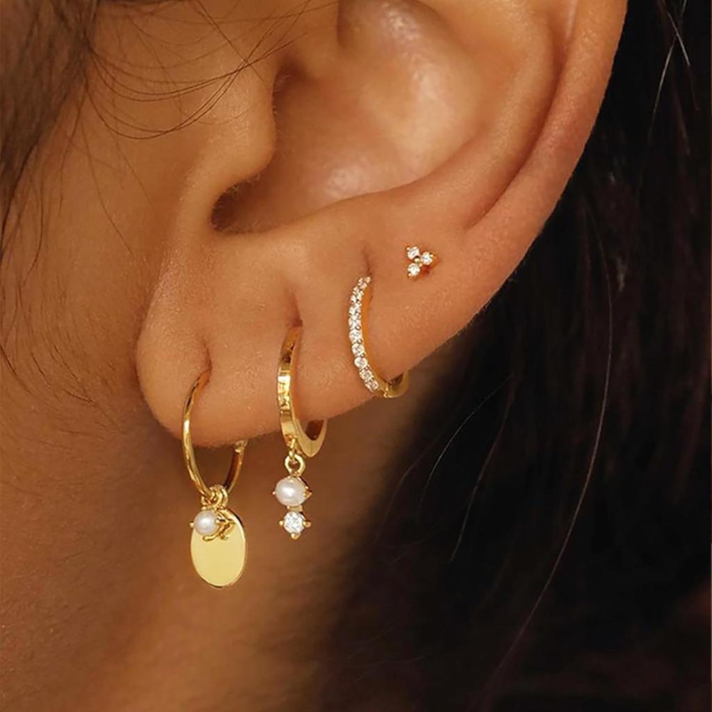 Dainty 14K Gold Plated Pearl Hoop Huggie Earring Set Chain Cartilage Earring Stack Trendy Hypoallergenic Long Drop Stud Earrings