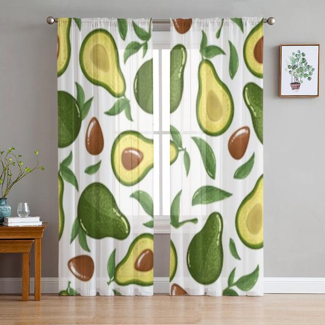 Avocado Green Cute Fruits Cartoon Tulle Curtains For Living Room Bedroom Decor Transparent Chiffon Sheer Voile Window Curtain