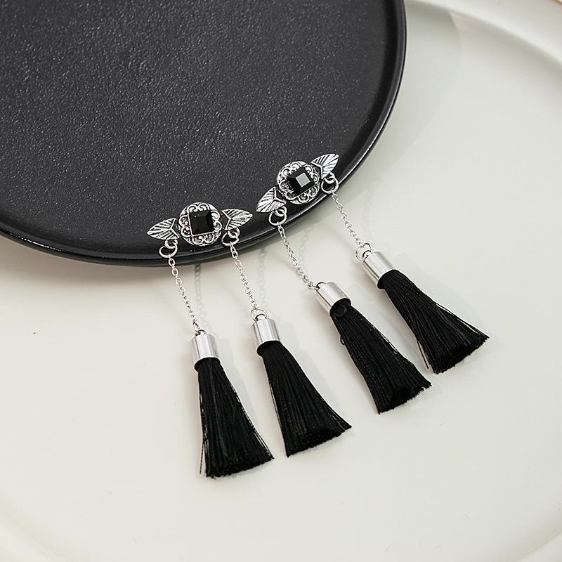 Medieval Temperament Fringed Earrings, Bridal Wedding Black Pendant Earrings, Retro Court Hanfu Earrings.