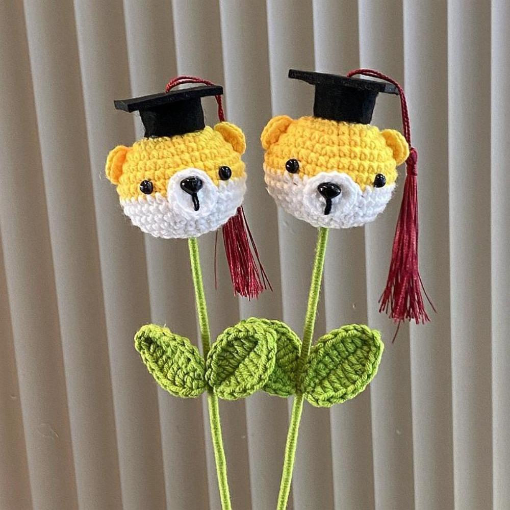 Cartoon Handmade Doctoral Hat Doll Woven DIY Crocheted Doll 34cm Simulated Flower Graduation Season