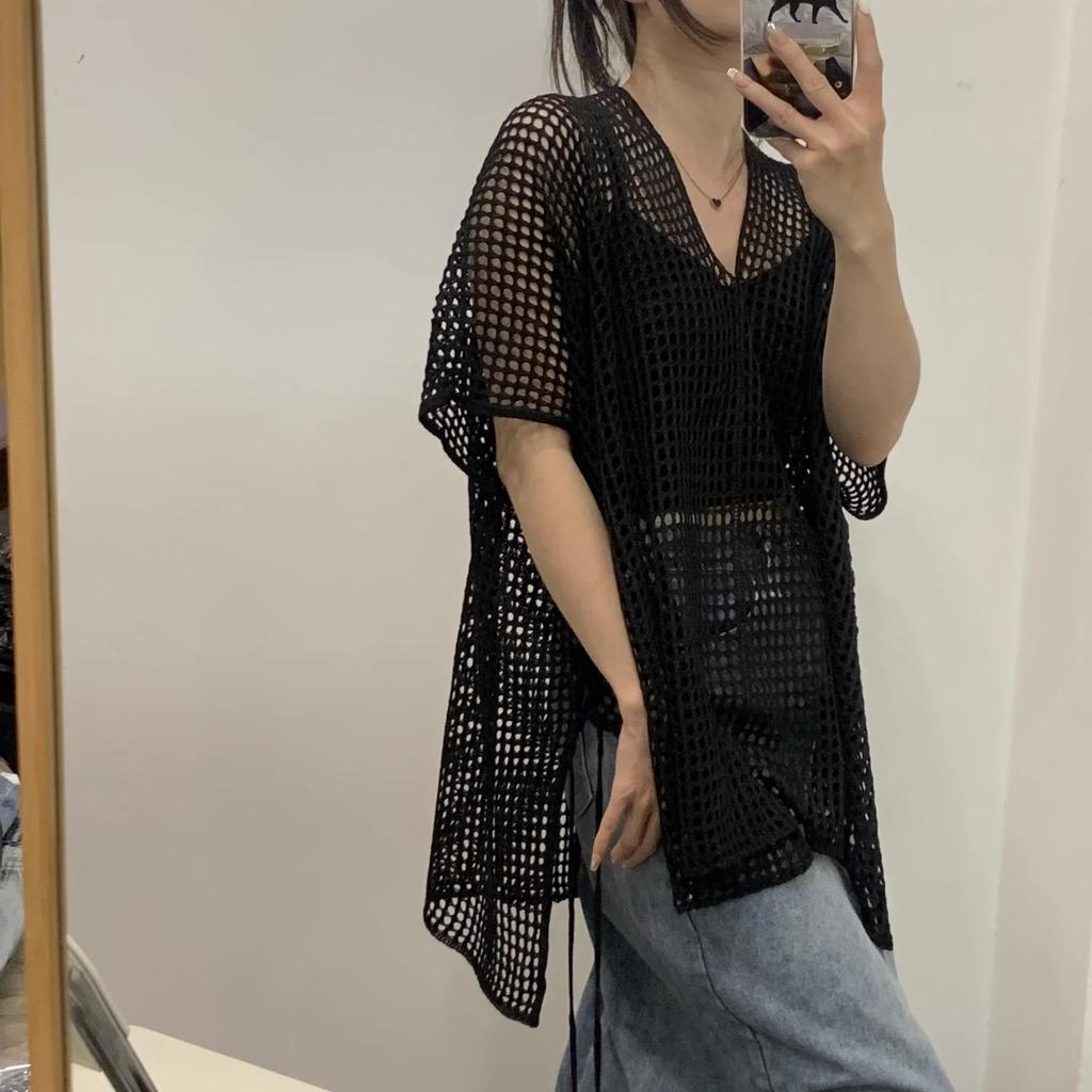 Summer Knitted Hooded Hollow Top for Women Women's Knitted Top V-neck Loose Fashion New Style