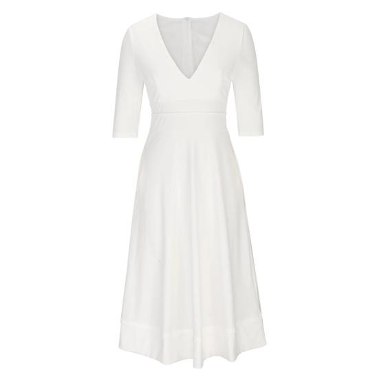 Dame Midi-kjole Dyp V-hals A-linje Flowy Hem Ensfarget halve ermer Ren farge Datingkjole Prom Party Bankett Aftenkjole