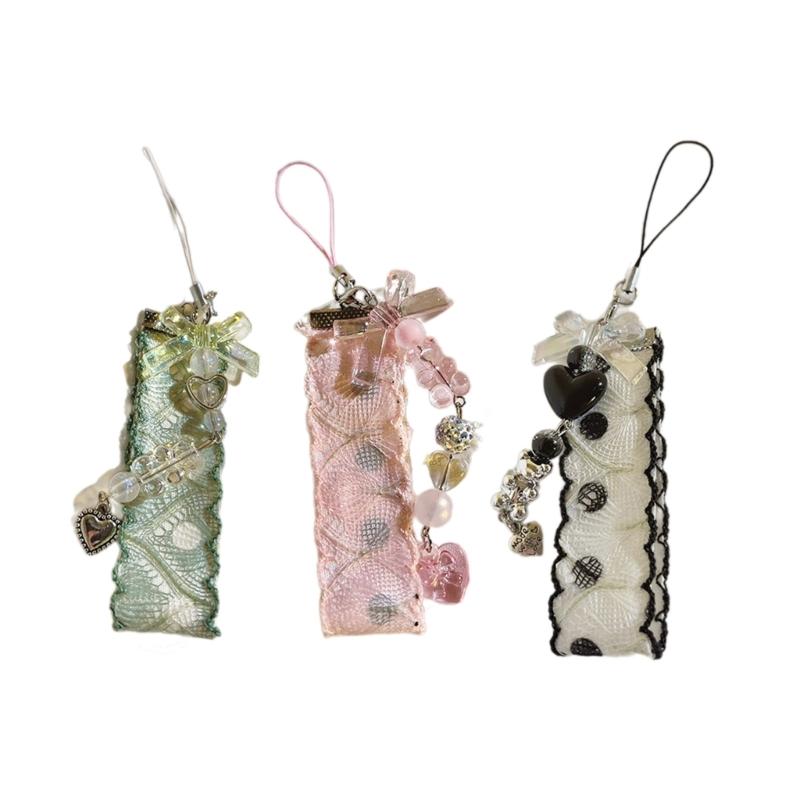 Butterfly Mobile Phone Pendant Bow Beaded Phone Chain Lace Fabric Lanyard Stylish Keychain Bag Charm Decorations
