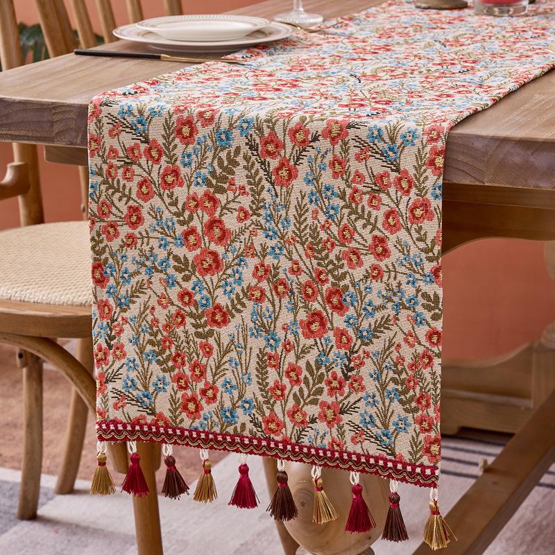 Floral Table Runner Spring Vintage Rose with Leaves Tassels Farmhouse Table Runners Decor for Dining Kitchen Table Wedding