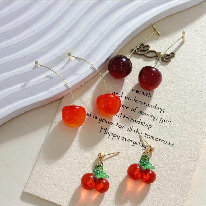 New Cute Simulation Red Cherry Earrings for Women Girl Sweet Resin Hot Sale Earring Student Fruit Fashion Zircon Gift