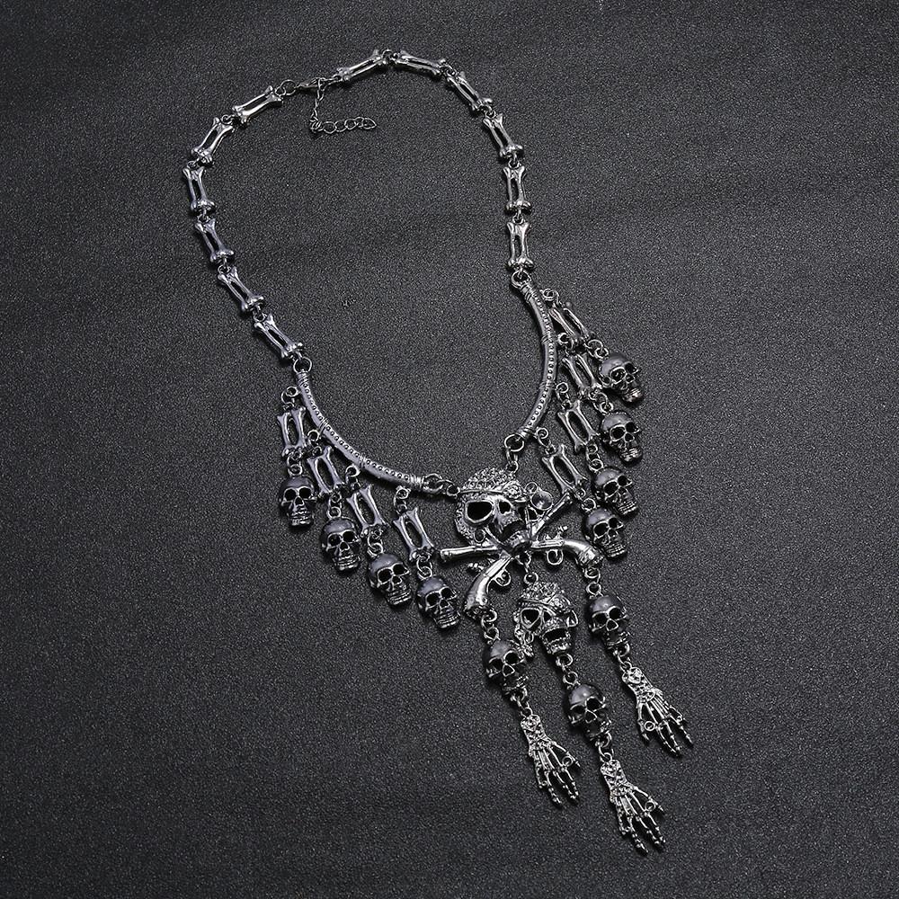 Skull Geometric Vintage Pendant Necklace With Tassel Chain For Gothic Punk Fans