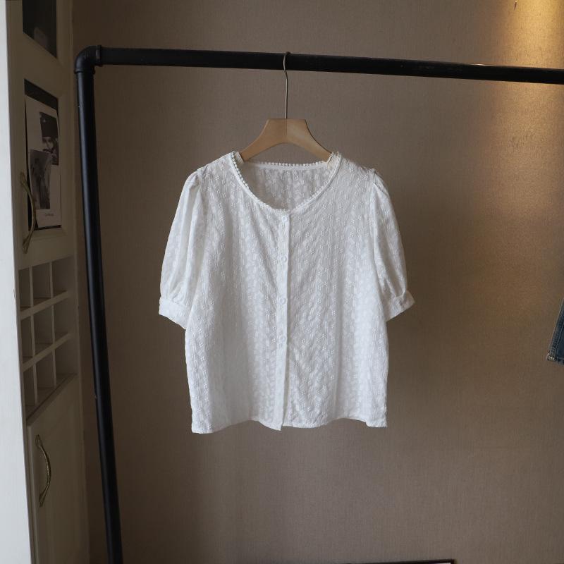 Bi Zheng 2025 Summer Korean Lace Embroidered Bubble Sleeve Women's Shirt