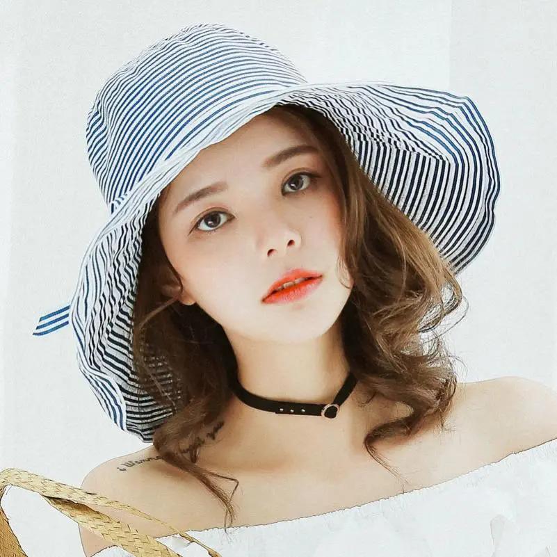 WTEMPO Summer Striped Colth Wide Brim Outdoor Sunscreen Hats Women's Solid Color Casual Versatile Large Bow Sun Hats