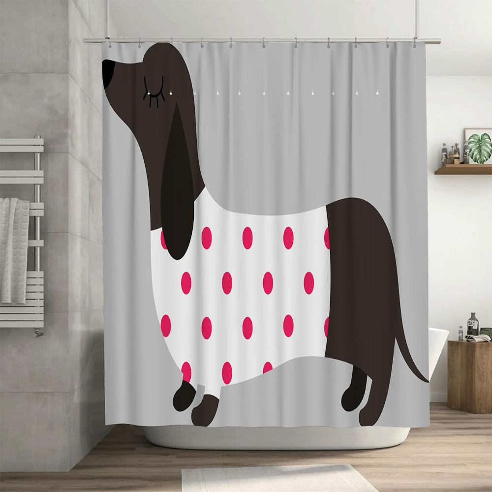 Animal-Themed Shower Curtain Waterproof Bathroom Decor Black White Dog Design With Pink Polka Dots On White Bath Mat Shower Curt
