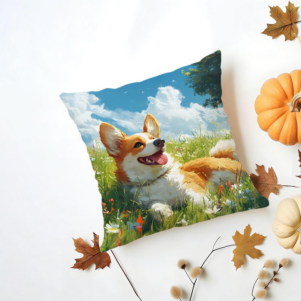 PPembroke Welsh Corgi Cushion Cover Washable Linen Pillowcase Soft  for Daily Sofa Bed Home Room Decor
