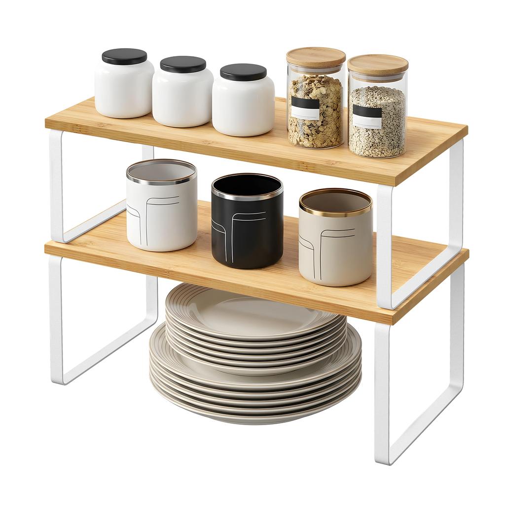 SONGMICS Spice Rack, Set of 2 Cupboard Shelf Organisers, Expandable Kitchen Shelf Organiser, Stackable Spice Holder, Metal and Engineered Wood