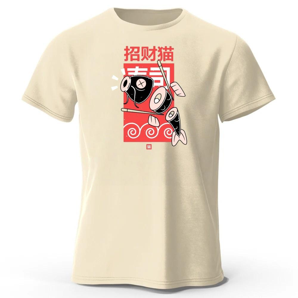 Summer New Japanese Cat Style Trendy Casual Printed Pure Cotton Tshirt for Men Loose Oversized Breathable Oneck Short Sleeved
