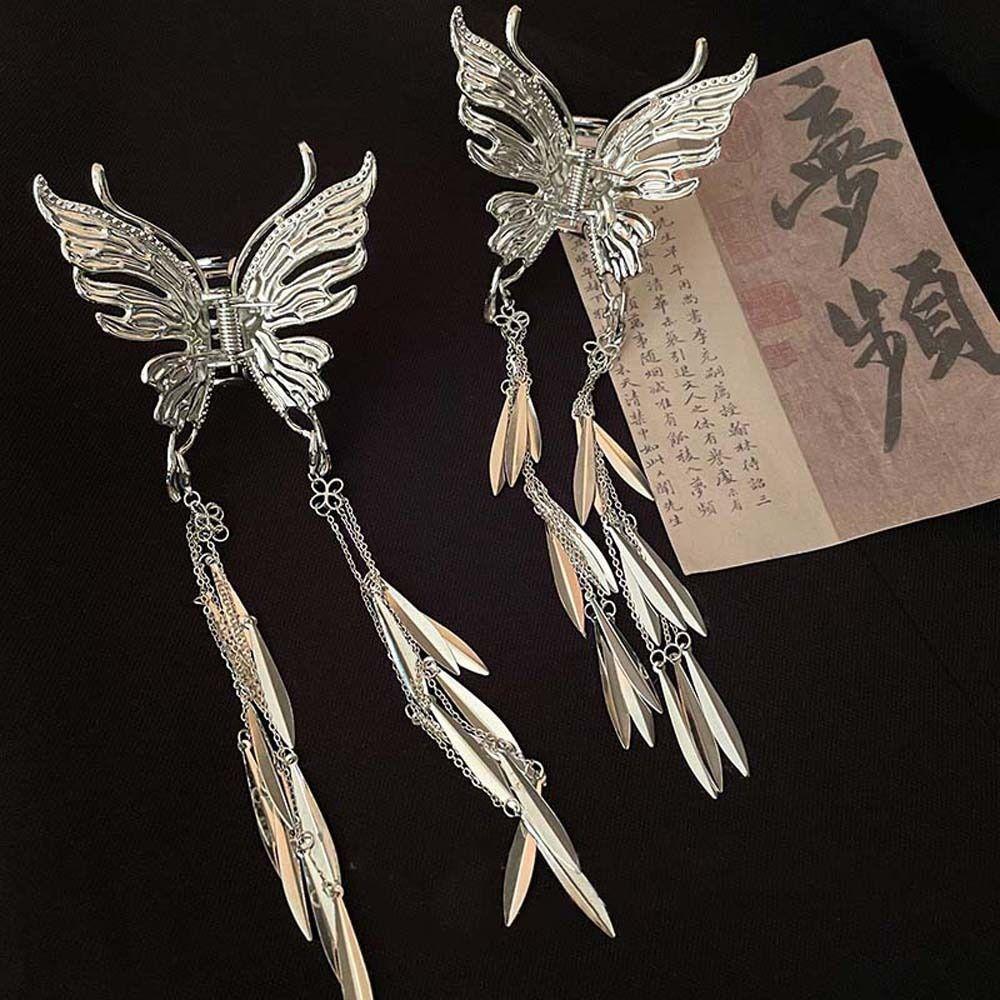 Ethnic Style Butterfly Tassel Hair Claw Silver Color Chinese Butterfly Hairpins  Party