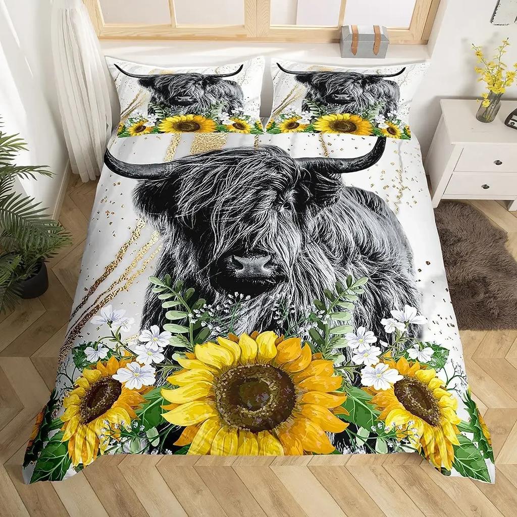 Highland Cattle Cute Floral Cow Yellow Sunflower Comfortable Duvet Quilt Cover Pillowcase Bedding Set Children Home Textile