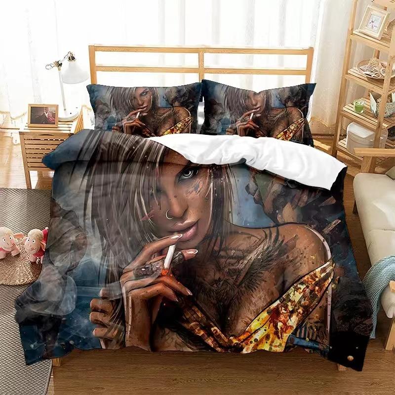 Kit de Impresión Temática Navideña Siendo Colocado En Un Juego de Fundas de Almohada Juego de Cama de Calavera Negra Oscura de Culpa Juego de Tres Piezas