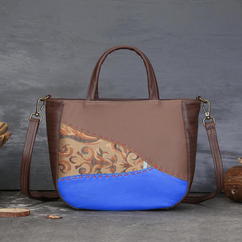 

Johnature Ethnic Style Women s Tote Bag Retro Mixed Colors Handbag Genuine Leather Large Capacity Shoulder Bags синий