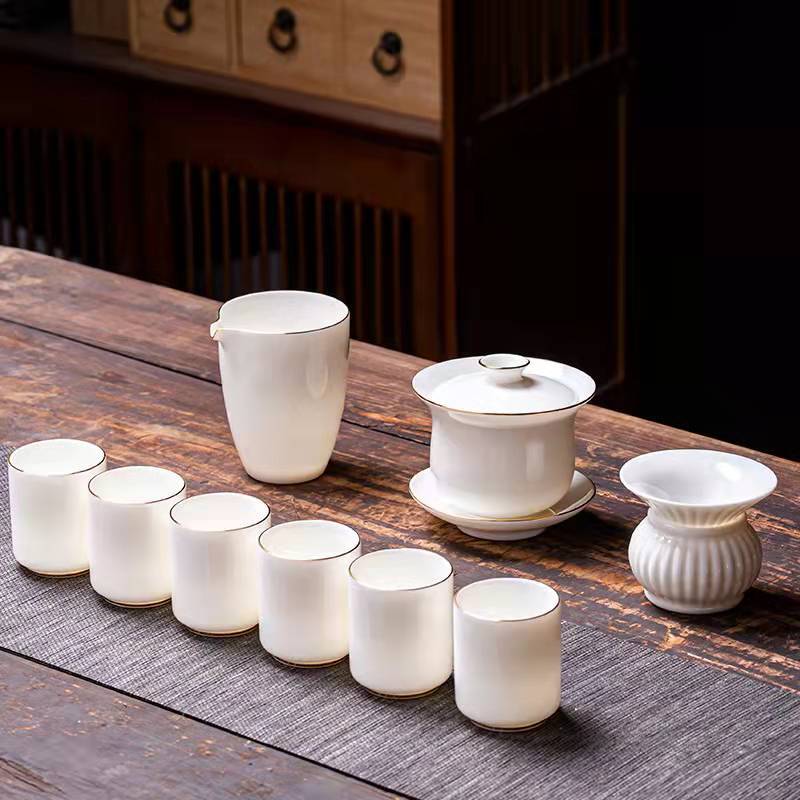 White Porcelain Tea Bowl Suet Jade Kung Fu Tea Set Ceramic Cover Bowl Teacup Annual Meeting Business Gift Set Formulation