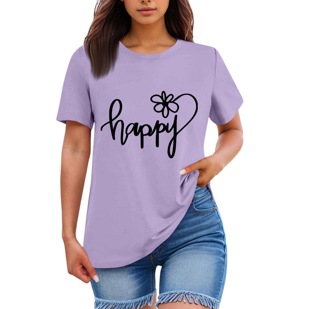 Ladies' Loose Comfortable Casual Fashionable “Happy”Character Printed Round Neck Short Sleeved Shirt