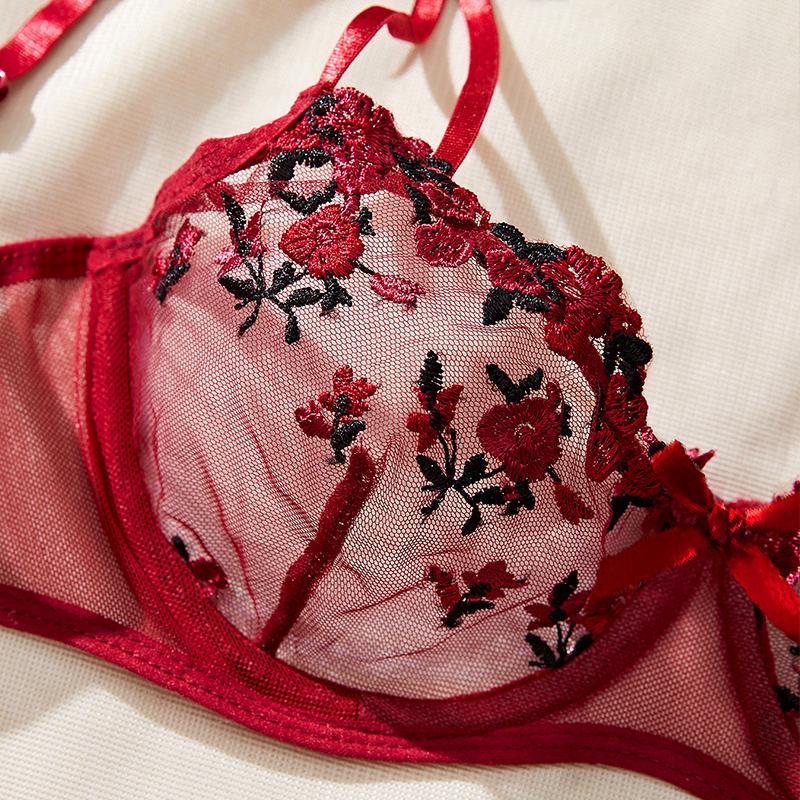 New Women Red Lace Exquisite Embroidery Floral Ultra-thin Deep V Sexy Lingerie Transparent Underwear Bra Set Erotic Costumes