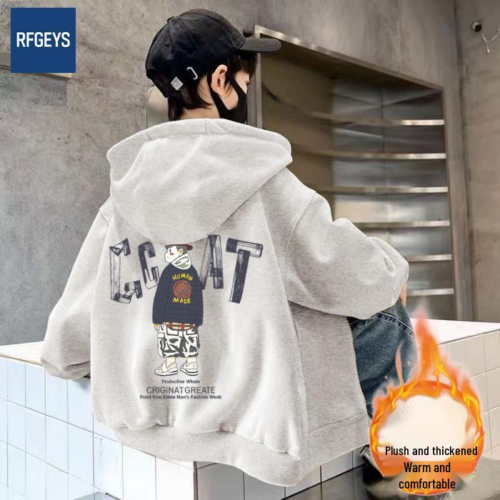 Gray Hooded Zip-Up Sweatshirt Cardigan for Kids - Korean Preppy Style Boys' Lazy Outerwear