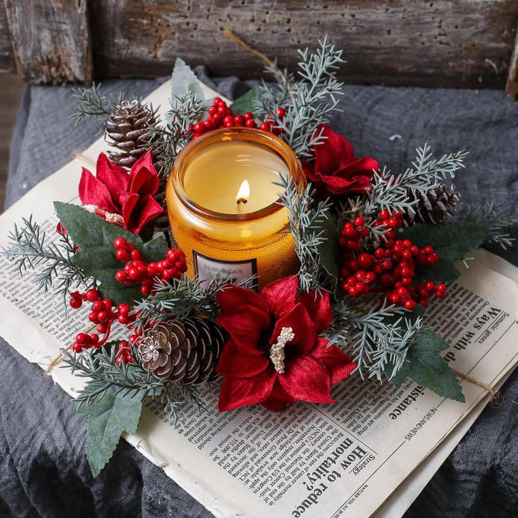 Christmas Candle Ring Wreath Holder for Farmhouse Home Holiday Red Flower