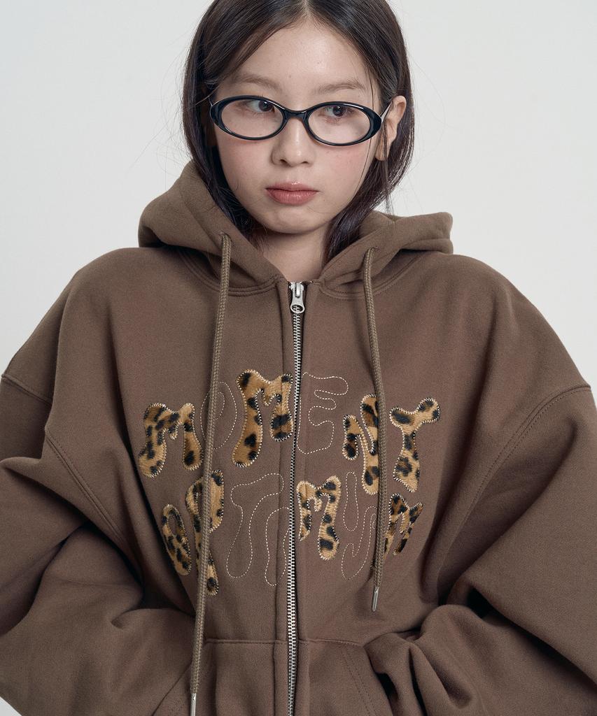 Moo Leopard Applique Zip-Up Hoodie - Brown