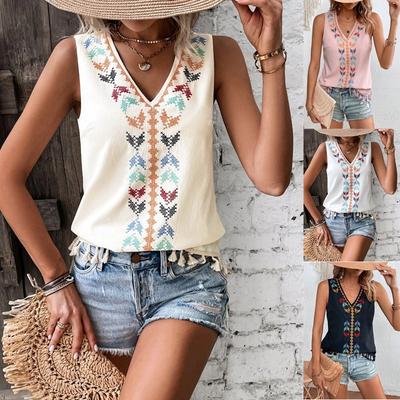Summer V-neck Embroidered Tassel Loose Shirt Women Elegant Solid Vintage Casual Blouses for Women Fashion Ethnic Style Sleeveless Shirts Tops 26428