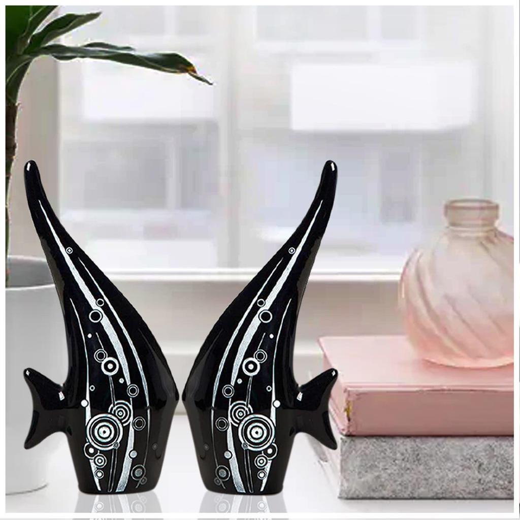 Modern Minimalist Black Bubble Fish Art Figure | Beautiful Home Decor- (Set of 2 Pc)