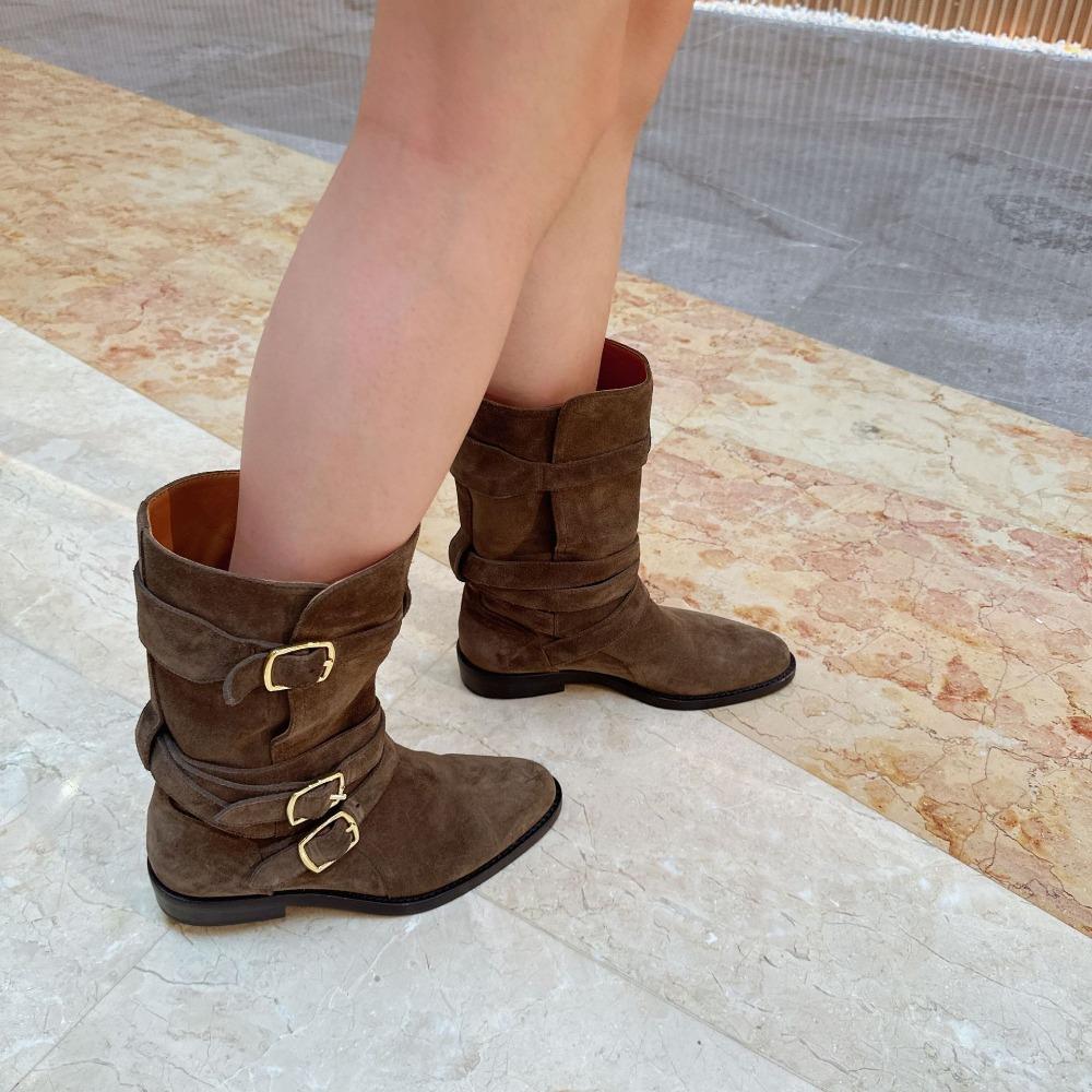 Short Boots Women Trend 2025 New Cow Suede Leather Buckle Cowboy Boots for Women Mid Calf Thick Heel Knight Boots Women's Shoes