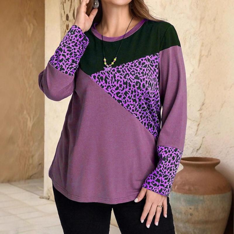 2026 Spring and Autumn New Fashion Trend for Women: Leopard Print Patchwork Round Neck Casual Long Sleeve