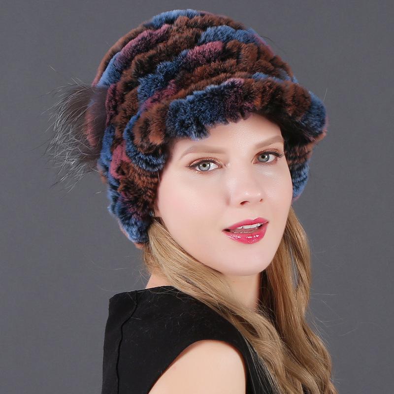 Wintermütze für Damen, warm, Rex-Kaninchenhaar, gestricktes Fell, Entenzungenmütze