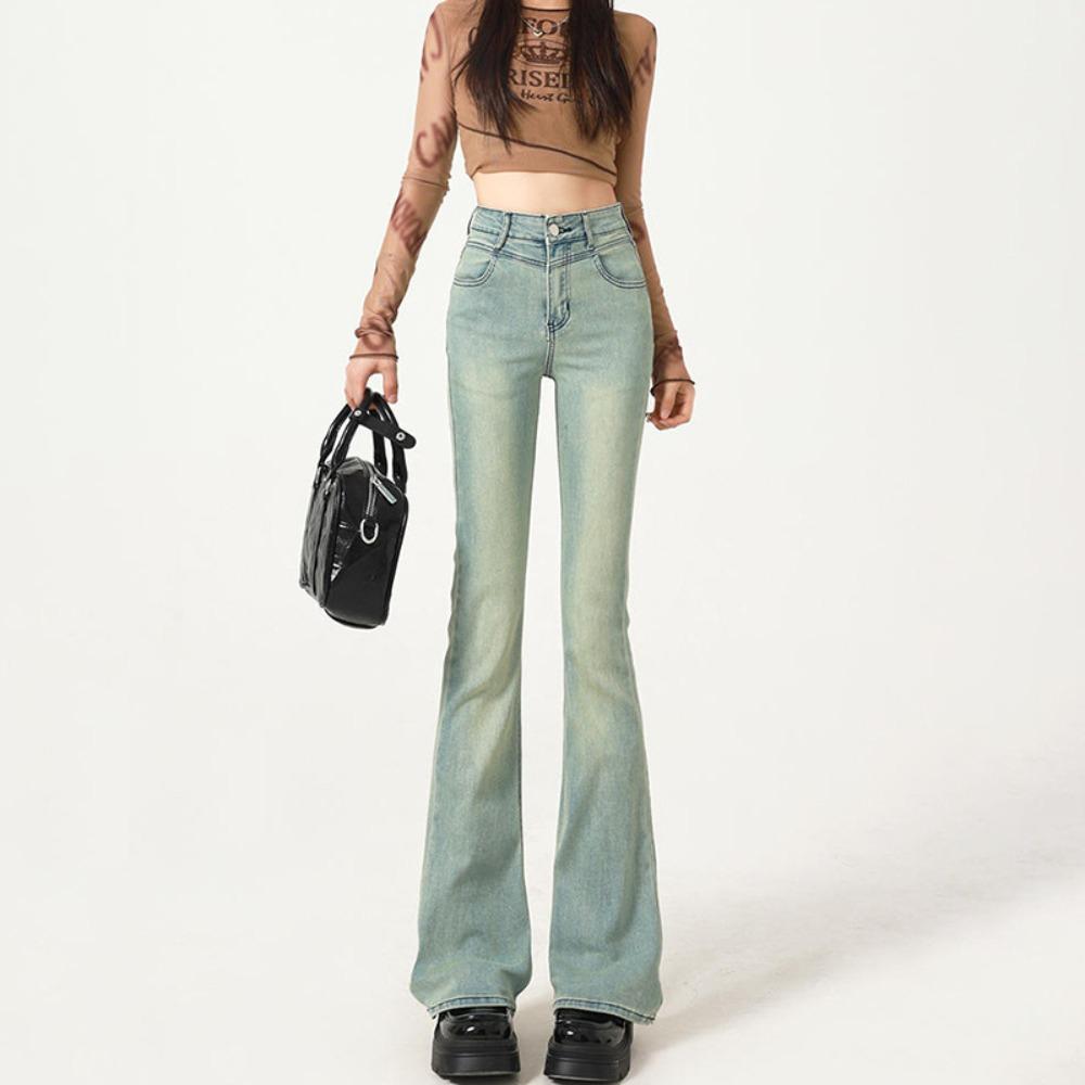High-waisted and slightly pulled jeans women's spring 2025 new thin and high flared pants light-colored floor-mopping horseshoe pants