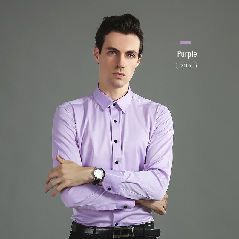 Men's Korean Style Slim Fit Solid Color Iron-Free Stretch Breathable Business Casual Long Sleeve White Shirt.