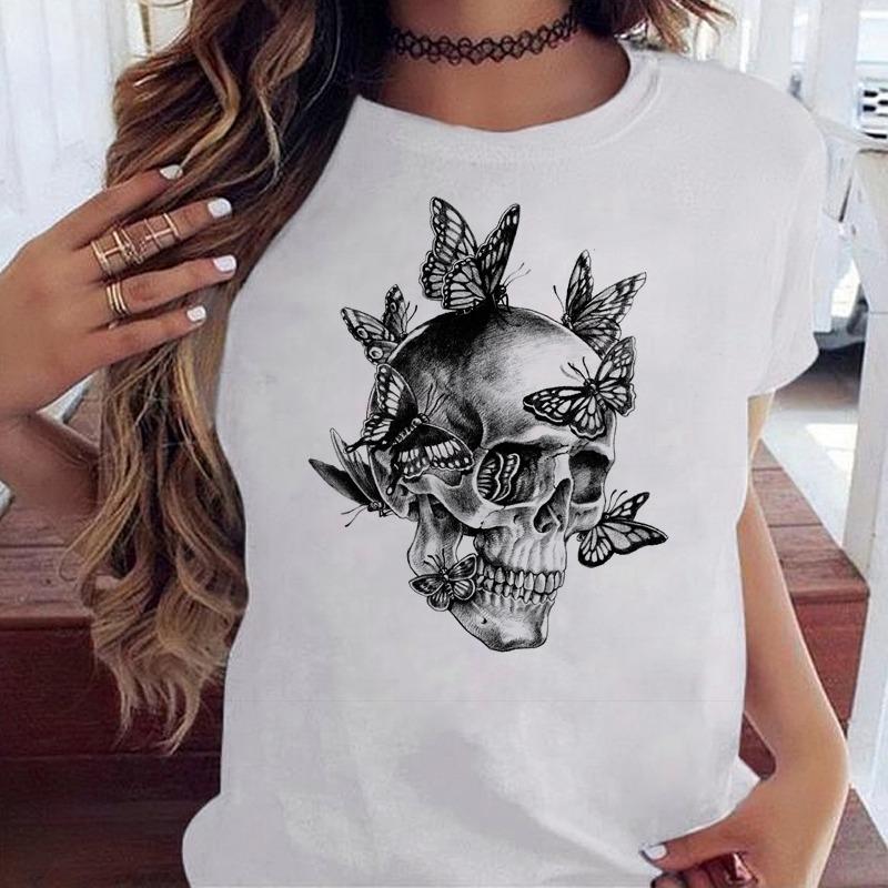 Fashion Skull Flower Print Women T Shirt Summer Casual Short Sleeve O Neck Women Tshirt