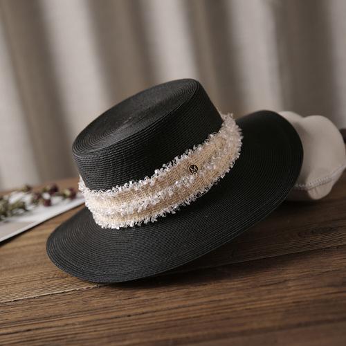 

Elegant Lace Trim White Black Wide Brim Sun Hat for Women Adjustable Flat Paper Straw Canotier UPF 50+ Beach Hat Lady Summer Hat чорний