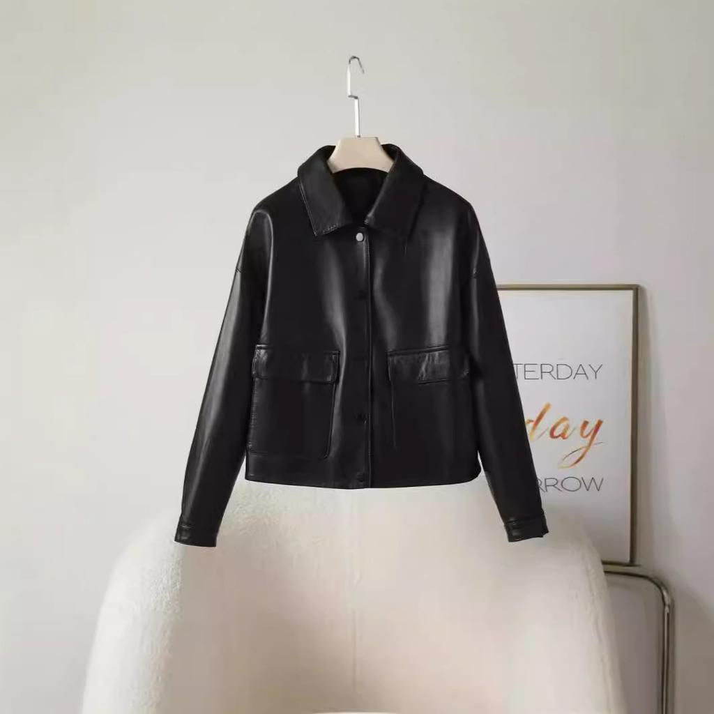 Leather Leather Jacket Women's Sheepskin Jacket Short Square Neck Loose Casual Motorcycle Leather Jacket