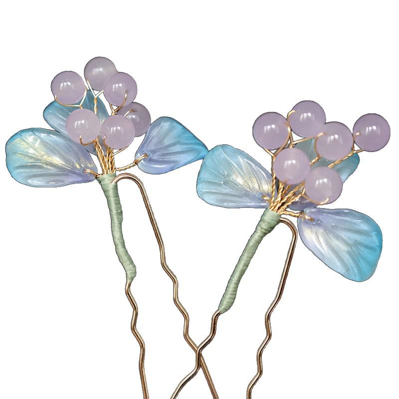 Ancient Hairpin with Red Wild Berries Glass Embellishment - Versatile U-Shaped Hanfu Headwear