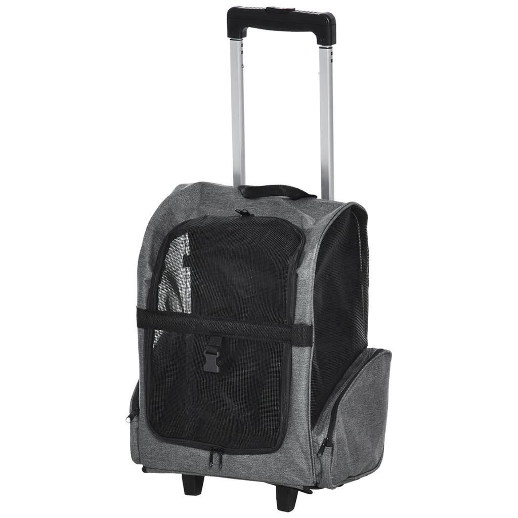 2-in-1 Pet Carrier Backpack for Dogs and Cats with Side Pockets, Telescopic Handle and Wheels, 42x25x55cm, Grey
