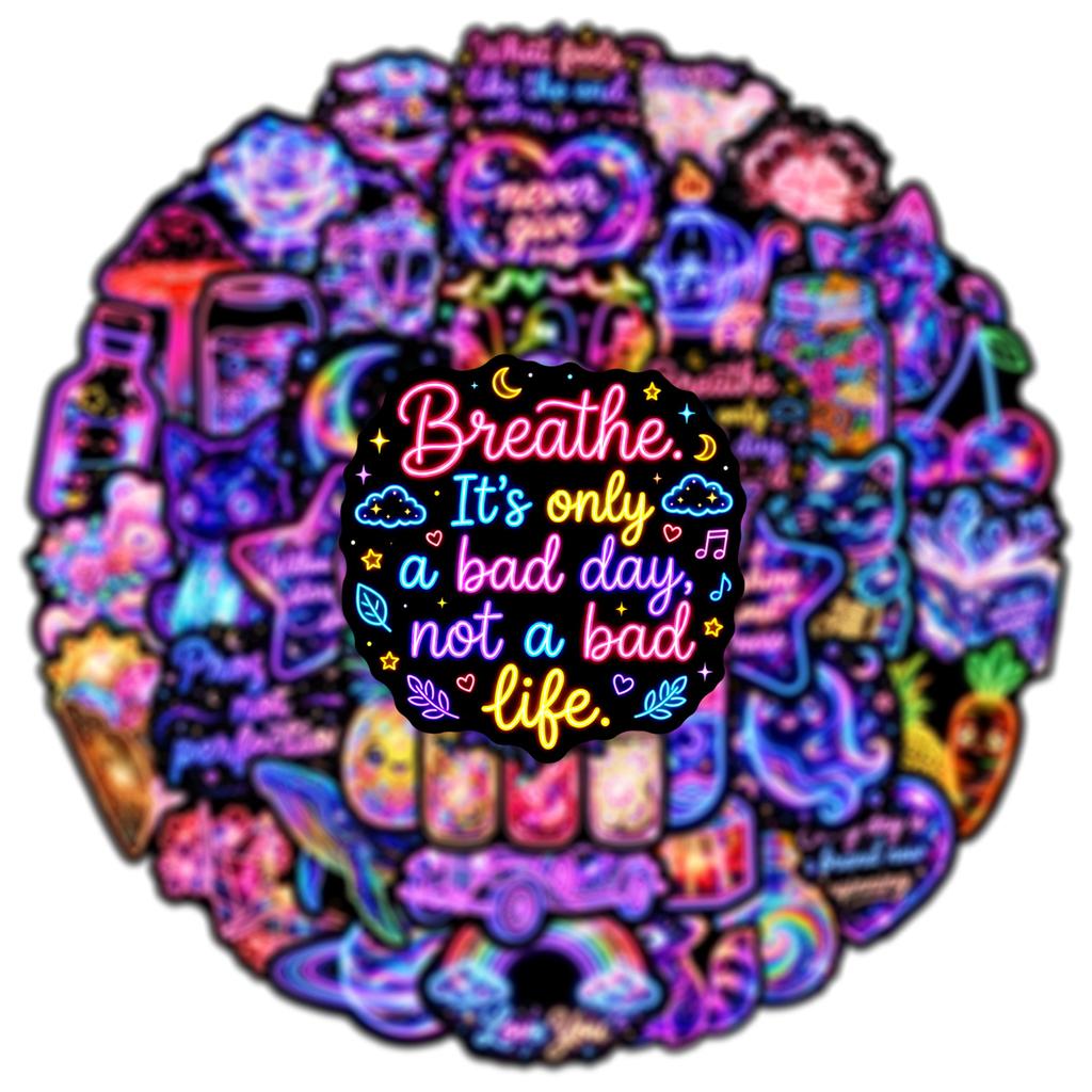 50Pcs Colorful Neon Stickers Aesthetic Decals for Laptop Pad Phone Fridge Travel Luggage Water Bottle Scrapbook Stciekrs