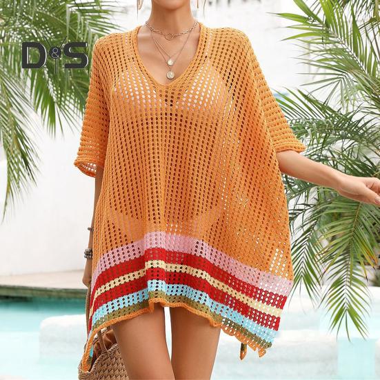 Women Bikini Cover Up V-Neck Drop-shoulder Sleeves Hollow Beachwear Dress Side Split Color Block Crochet Swimsuit Cover-ups