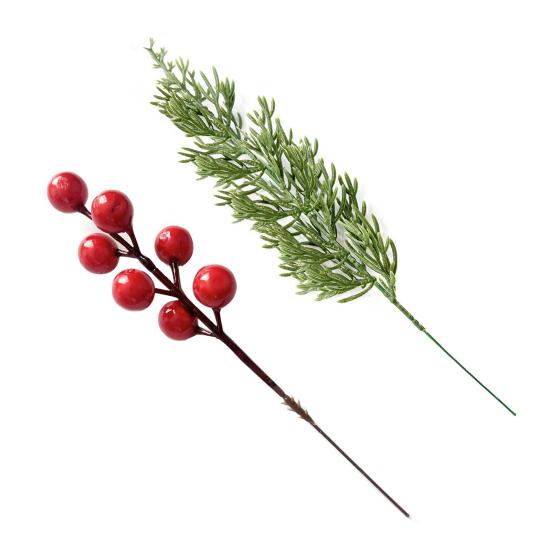 30/45Pcs Artificial Norfolk Pine Branch Christmas Red Berry Picks Faux Greenery Stem DIY Crafts Vase Garland Wreath Holiday Party Home Decoration