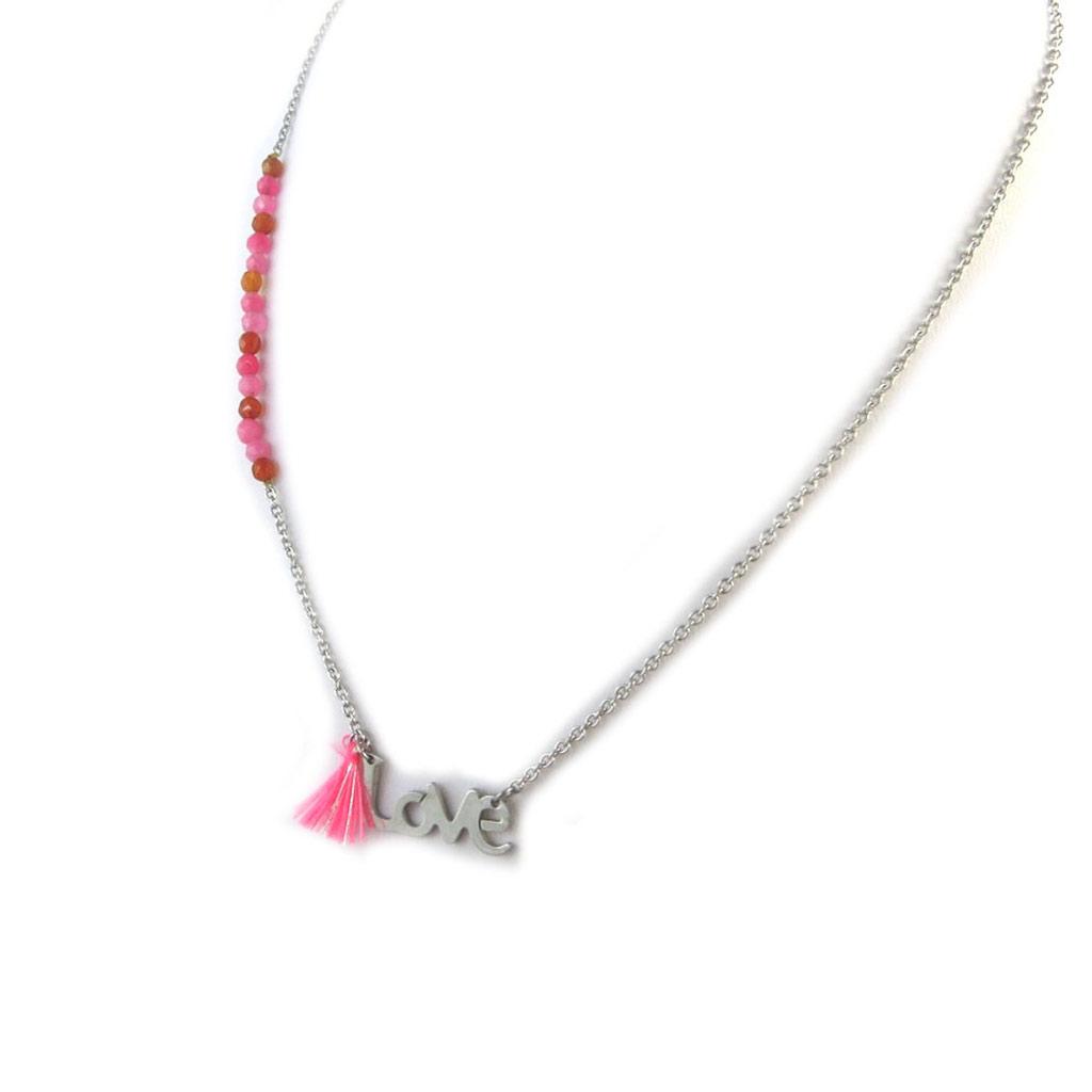 Les Trésors De Lily [N7075] - 'Love' Steel Necklace Pink Silver Gray