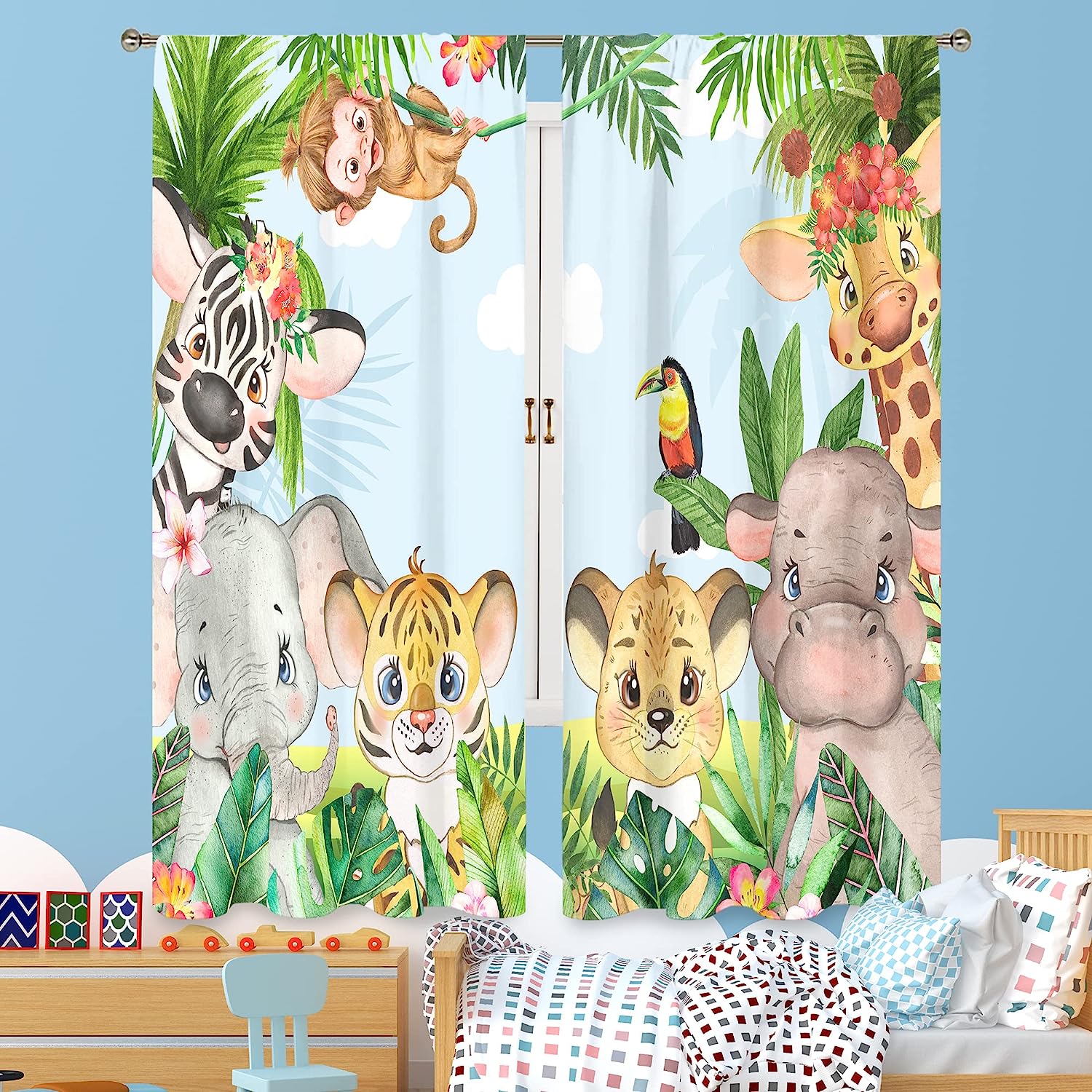 

Штори з мультфільмами Тварини для дівчаток Хлопчики Baby Safari Тварини Тонка віконна штора Вітальня Джунглі Лев Слон Штори з 3D-друком W60H60(CM)x2pcs&Grommet Top