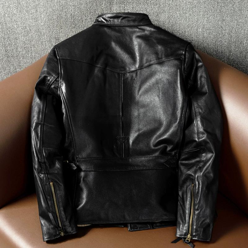 Mens Genuine Leather Jacket Slim Fit Stand Collar Biker Stylish Outerwear Coat